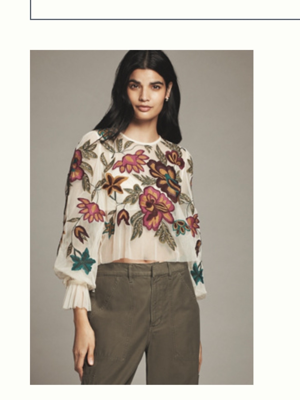 Anthropologie Ivory Sheer Blouse with Multicolor Floral Embroidery